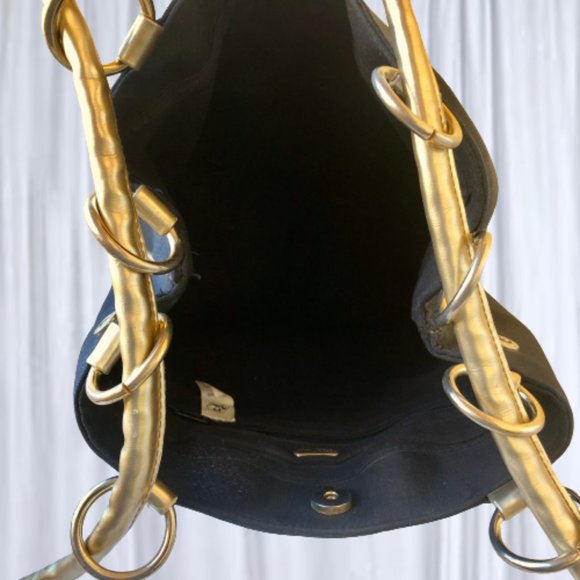 Comeco Vintage Crossbody Bucket Handbag Black Fabric + Gold Faux Leather - Picture 5 of 13